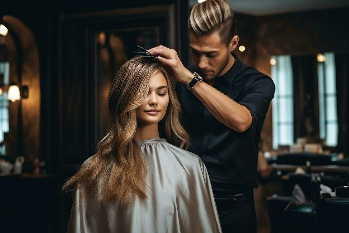 Professional hairdresser styling a young woman's hair in a modern beauty salon